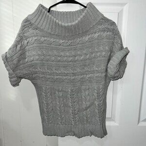 Express Tan Cable Knit Ribbed Cowl Neck Short Sleeve Sweater